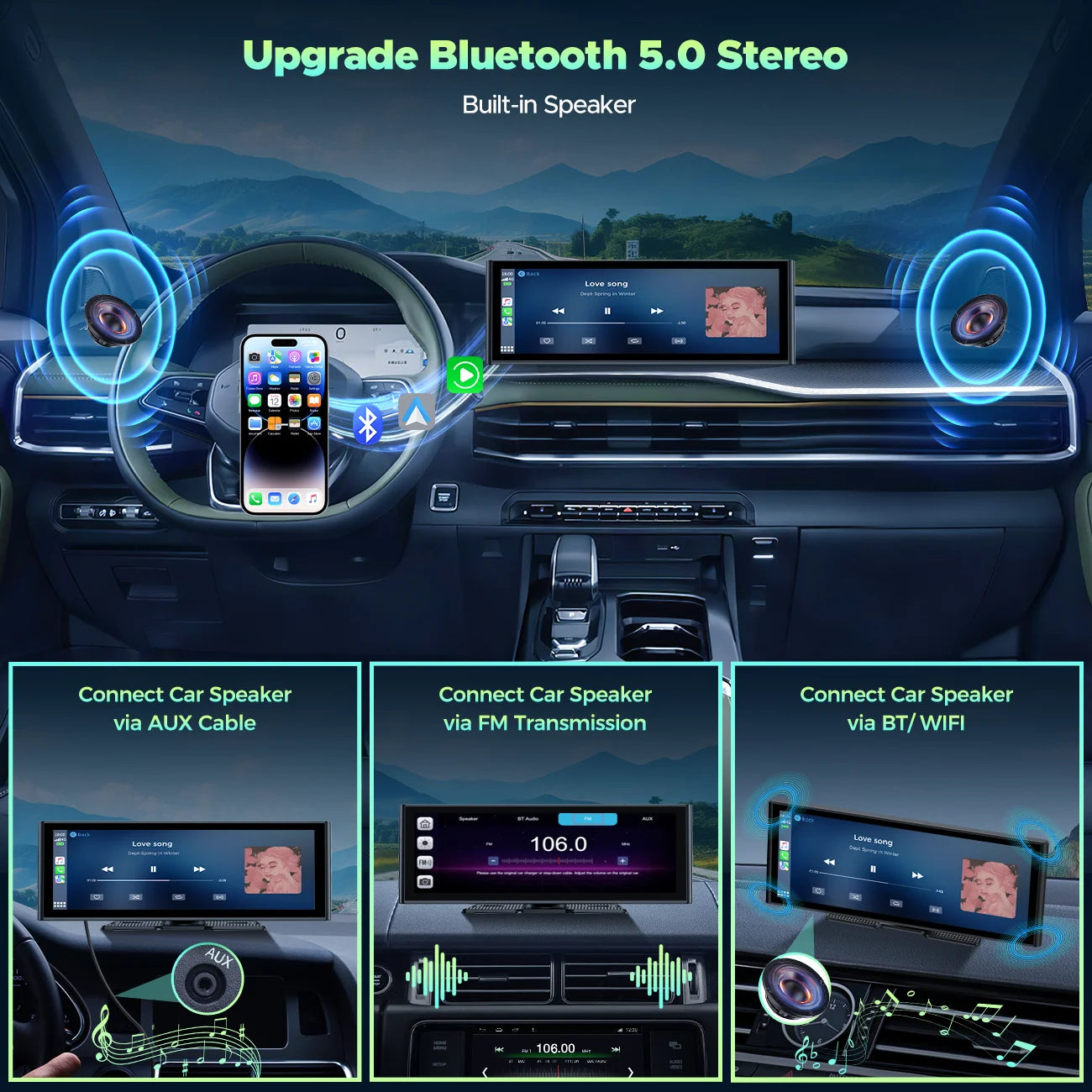 9.26'' Wireless Carplay Screen for Car with 4K Dash Cam, 1080P Backup Camera, Portable Car Stereo with Carplay Android Auto, Mirror Link, Loop Recording, GPS Navigation, AUX/FM